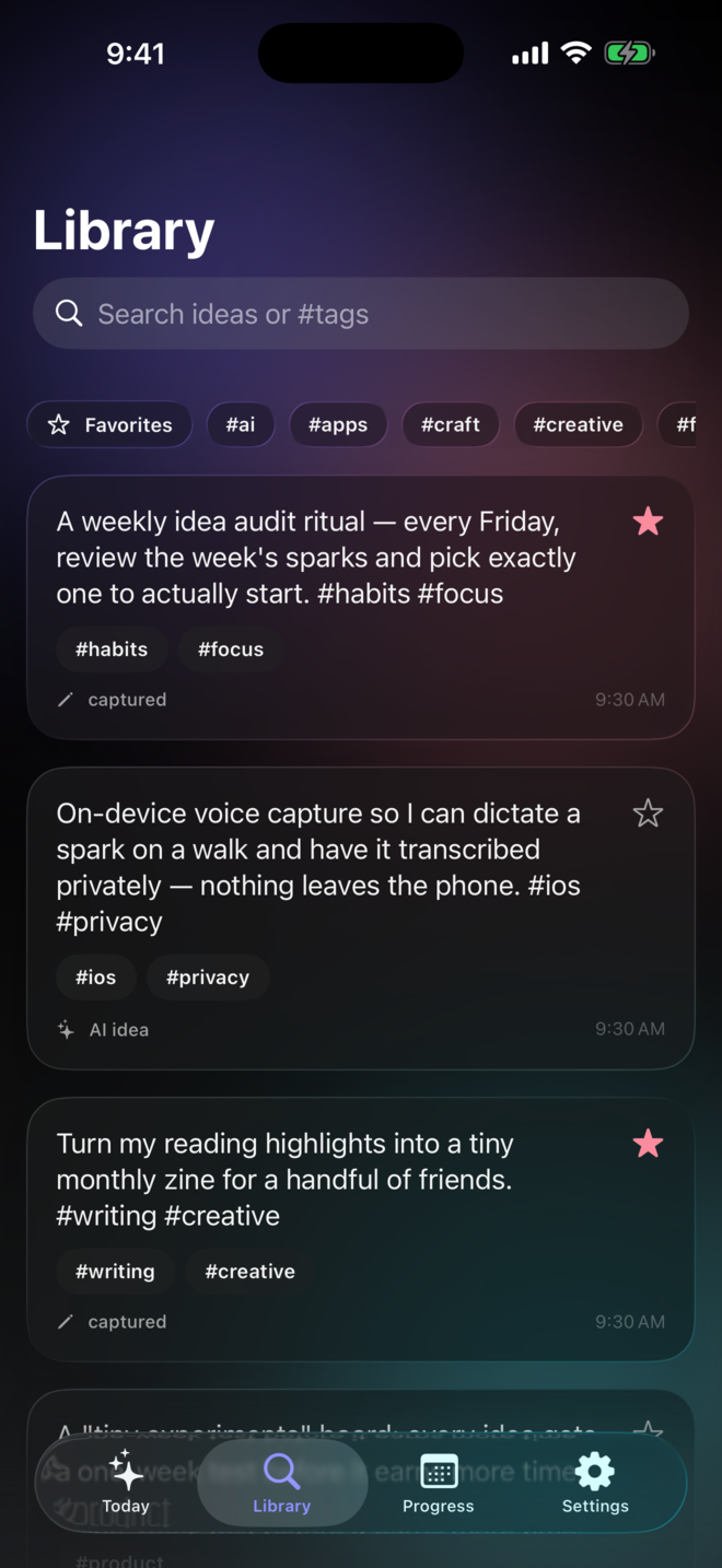 Library screen — search ideas by keyword, tag, or meaning