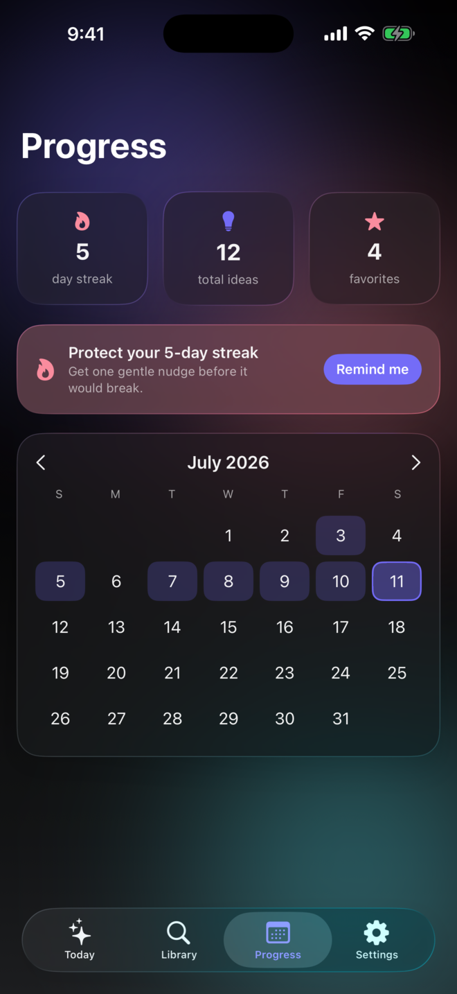 Progress screen — calendar heatmap and daily streak