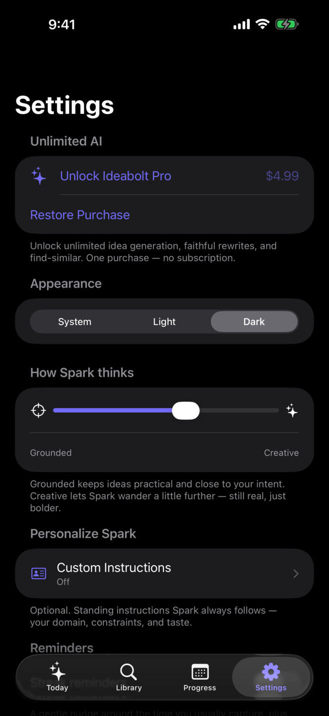 Settings screen — appearance, creativity and steer