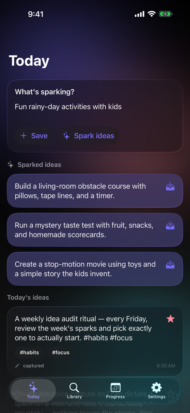 Ideabolt Today screen — capture a seed and spark AI ideas